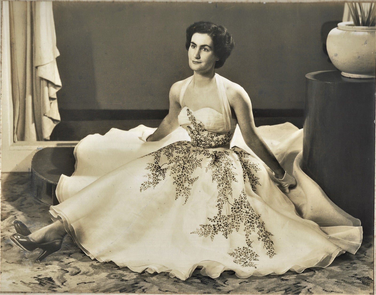BP gown with handpainted maidenhair fern circa 1953